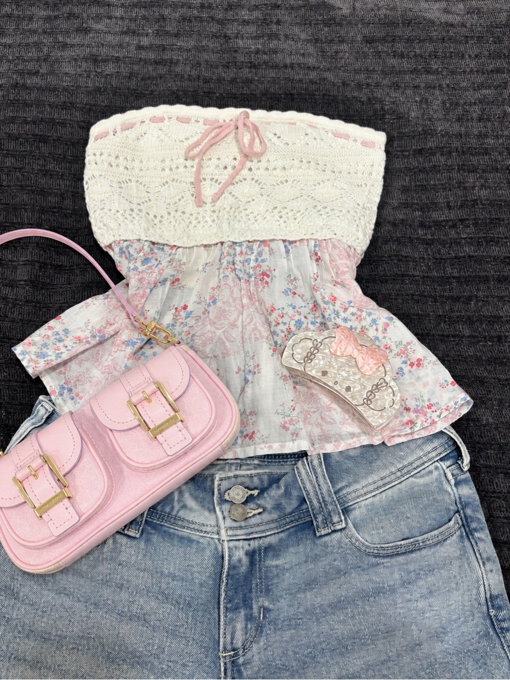 Y2K/2000s-style Hollister White Crochet Pink Floral babydoll